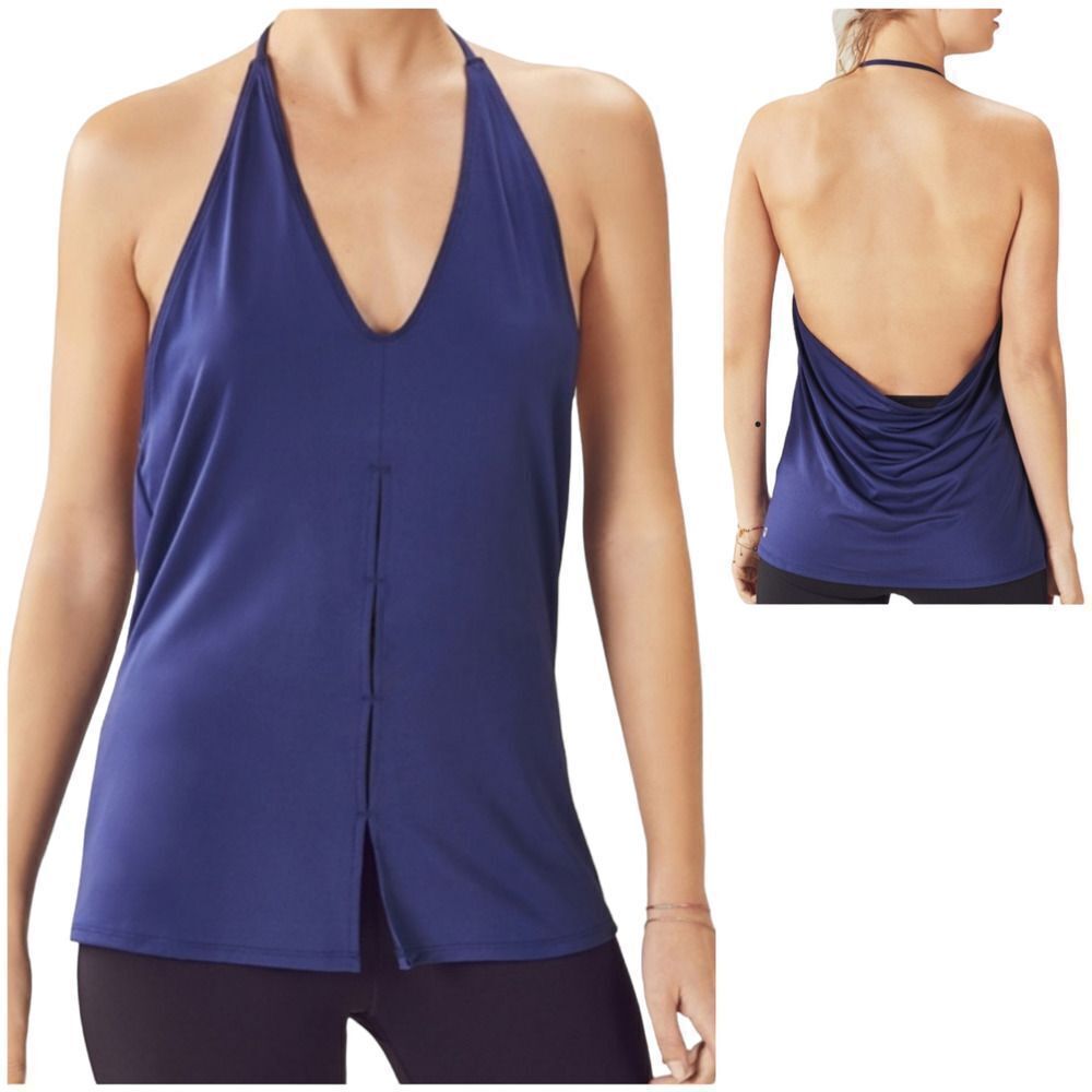 Fabletics Chiara Tank Blue Halter Neck Peekaboo Detail in Front Back Cowl Sz XS